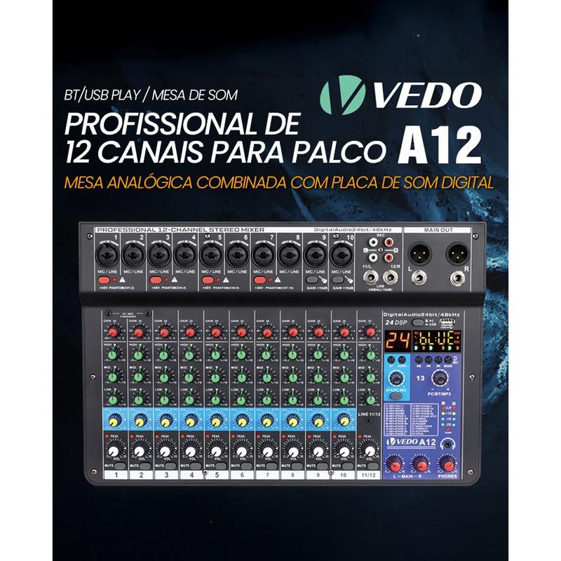 VEDO A12 Mesa de Som Profissional Mixer de Áudio 12 Canais com